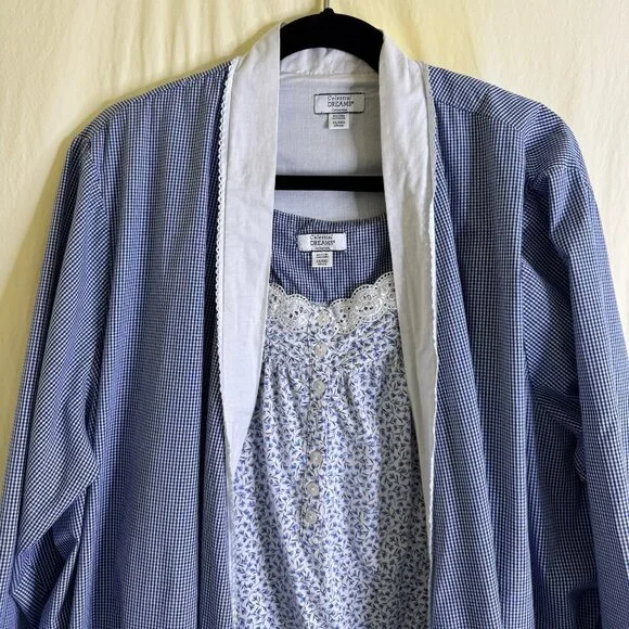 Celestial Dreams Nightgown & Robe Women's Sz 2X/3X Blue & White Floral & Checked - Picture 2 of 12